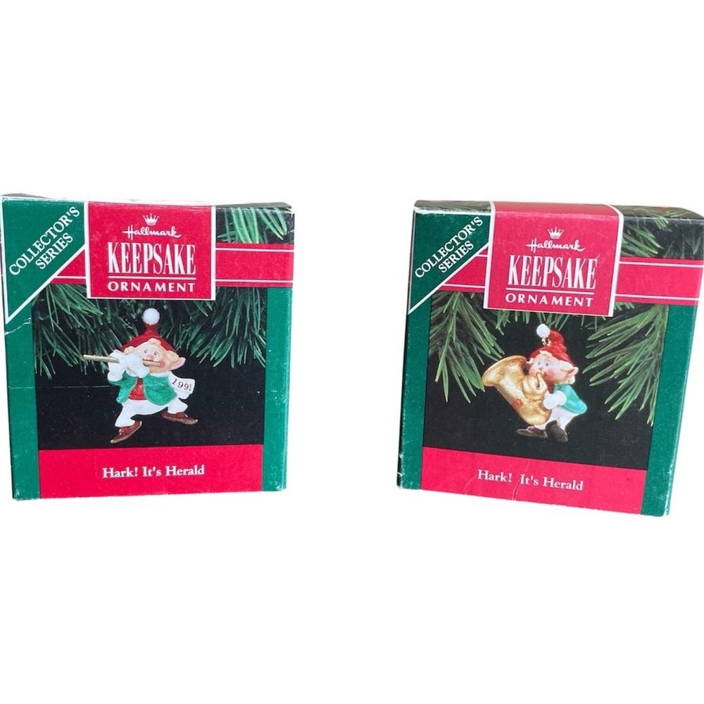 Set of 2 Hallmark Keepsake Ornaments Hark It's Herald‎ 1991 1992 with Boxes